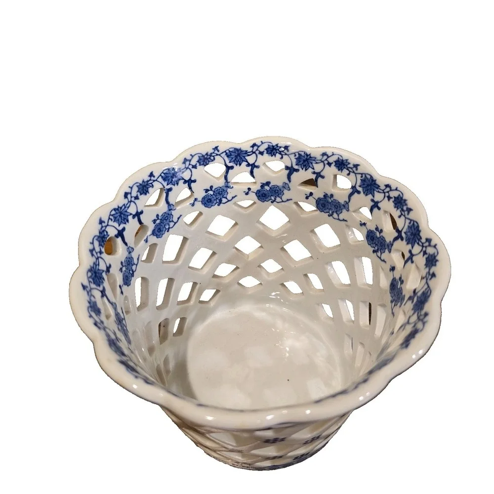 Vintage 1980s Andrea by Sadek Blue White Porcelain Reticulated Lattice Planter
